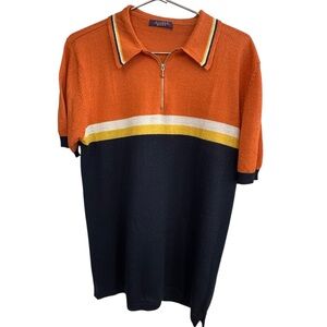 Vintage High End Eccolo Moda Orange and Navy Blue 1/4 Zip Polo Shirt Men’s M